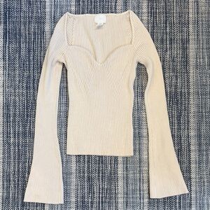 H&M Cream Ribbed Sweetheart Neck Long Sleeve Top, M